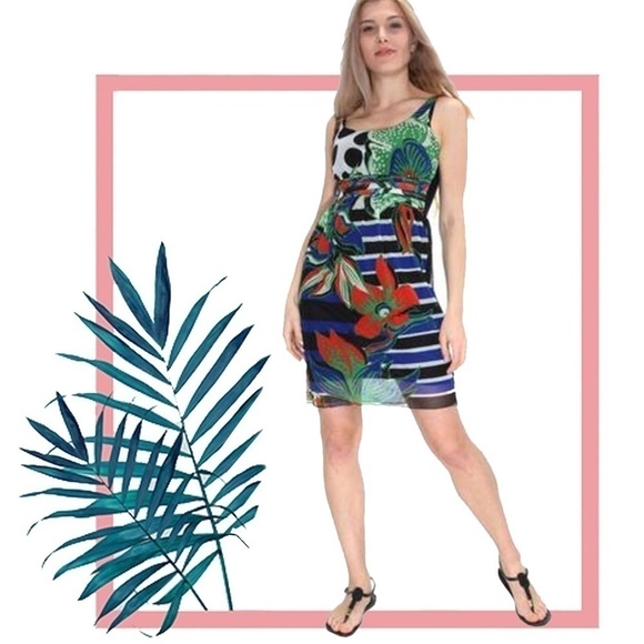 Desigual Dress Floral Tulip Polka-Dot Breezy Lace Tiered Layered Sleeveless - Picture 11 of 13